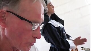 Glum young nun has sex for the major time with a grandpa in the confessional