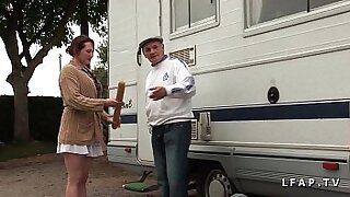 Serious redhead strumpet double penetrated in a gangbang in the matter of an old man