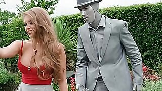 Busty chick fucks a living statue trouper outdoors