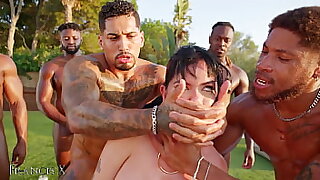 Outdoor Gangbang 9 Guys Fuck Latina Slut in Lingerie with Anal with the addition of DP
